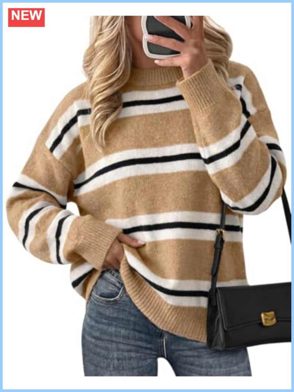 Women's Striped Pullover Sweater Color Block Casual Loose Knit Long Sleeve Top